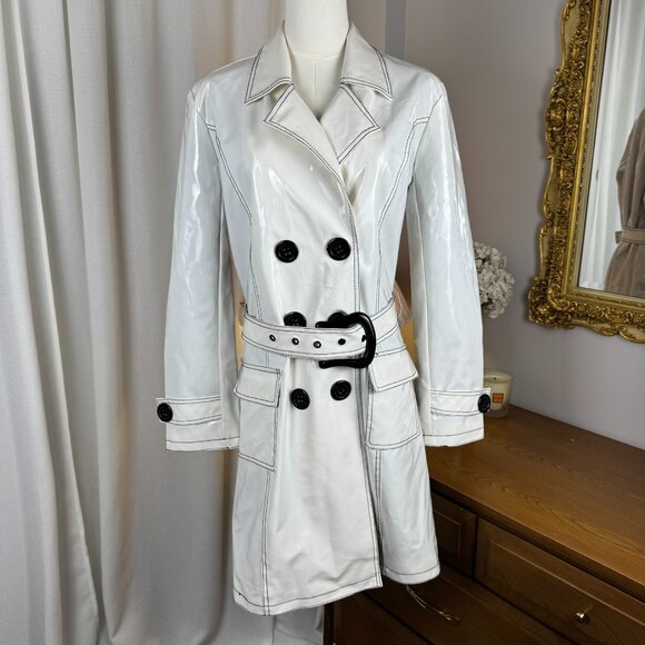 VTG Y2K White Glossy PVC Vinyl Style Faux Patent Buckled Trench Coat sz Large - Picture 6 of 11